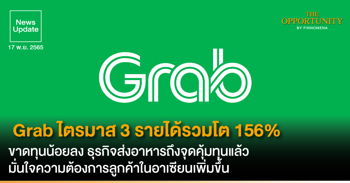 News Update: Grab ไตรมาส 3 รายได้รวมโต 156% ขาดทุนน้อยลง ธุรกิจส่งอาหารถึงจุดคุ้มทุนแล้ว มั่นใจความต้องการลูกค้าในอาเซียนเพิ่มขึ้น